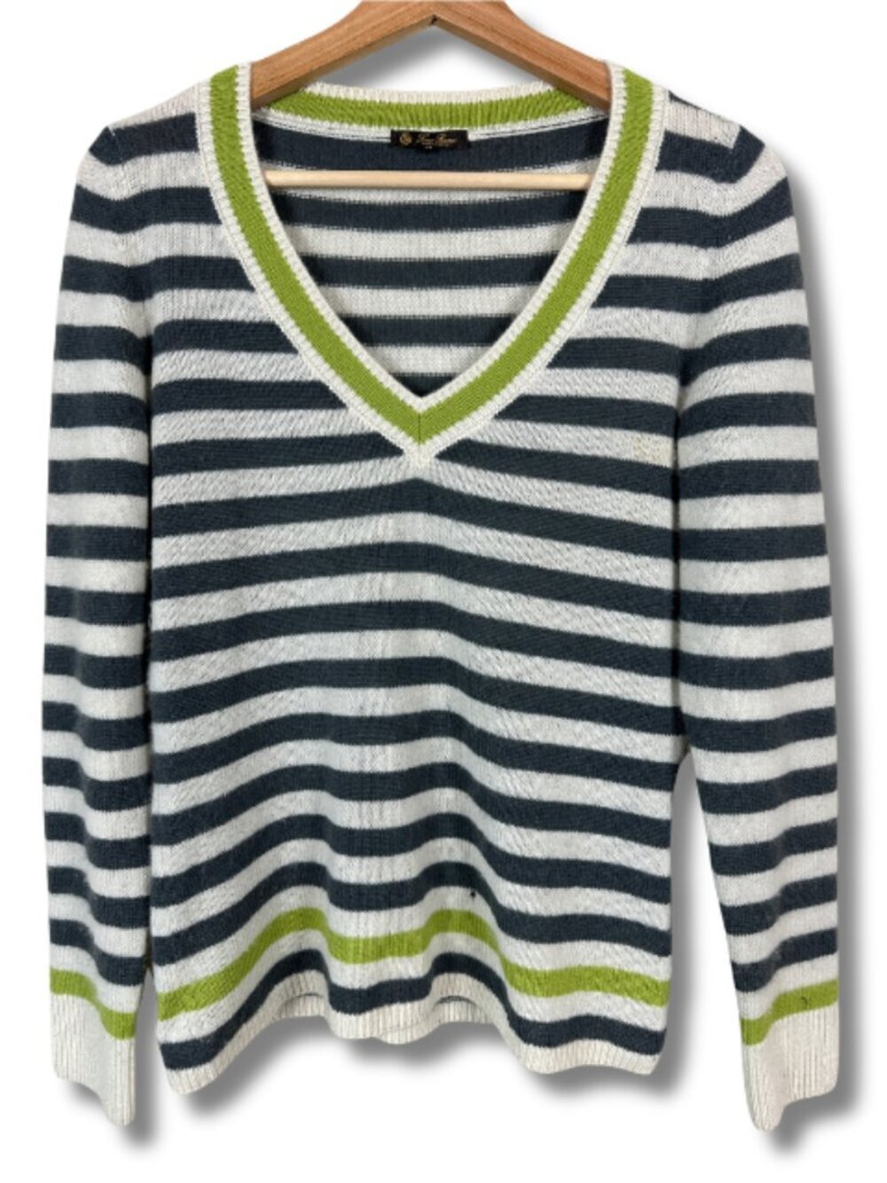 Loro Piana Cashmere V Neck Sweater Women's 44 Stripe Luxury Cream Gray Green